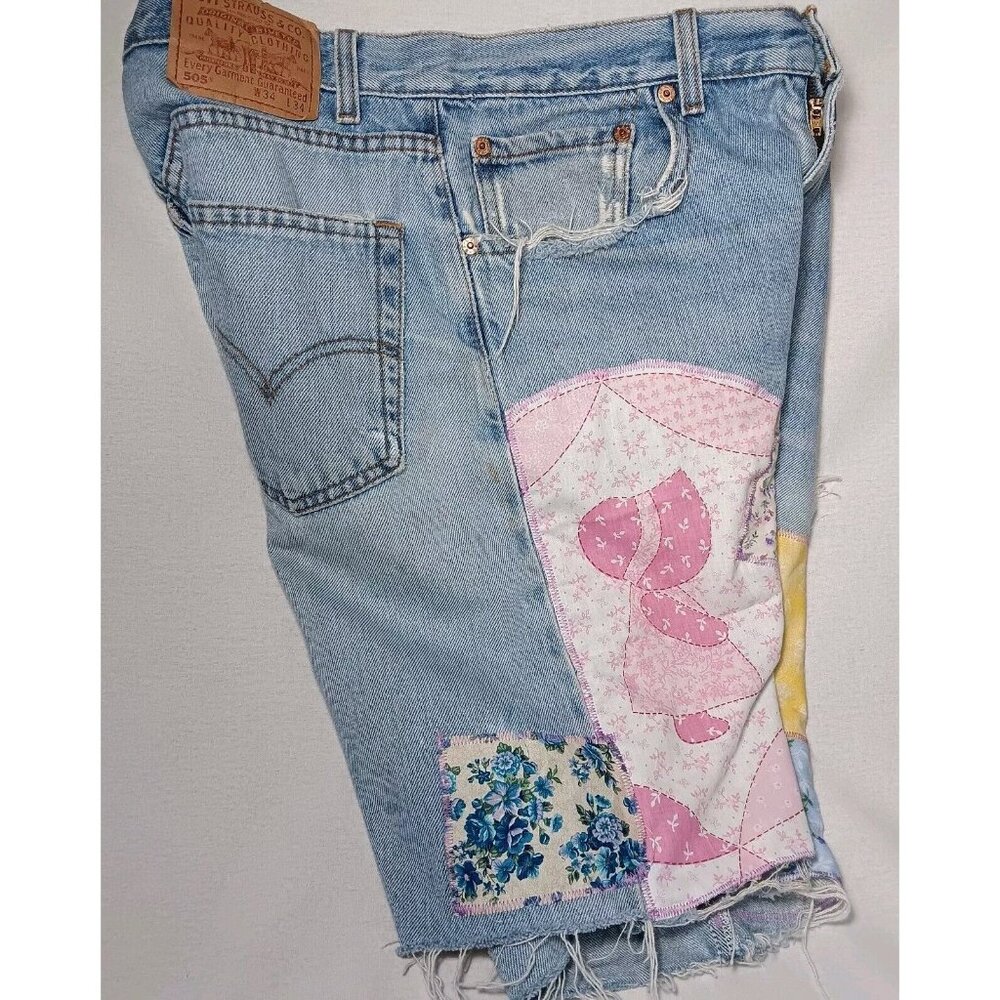 Jean Shorts Size 32 Patchwork Cottagecore Bonnet Girl Upcycl Distressed Floral - Picture 4 of 16